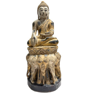 Antiker burmesischer Buddha aus dem 19. Jahrhundert – handgeschnitztes, polychromes Holz – 57 cm