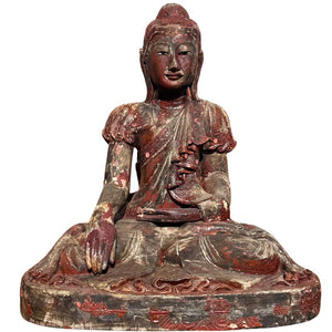 Antike Holz-Buddha-Statue aus Burma – Großer Mandalay-Buddha mit Spiegeleinlagen