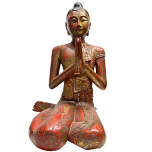Burmesische hölzerne Tempelstatue Mönch mit Lack und Blattgold