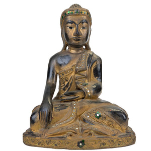 Burmesischer vergoldeter Holz-Buddha mit Glaseinlagen – Mandalay-Stil Myanmar