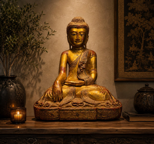 Boeddha beeld uit Birma met ingelegde ogen en serene gezichtsuitdrukking