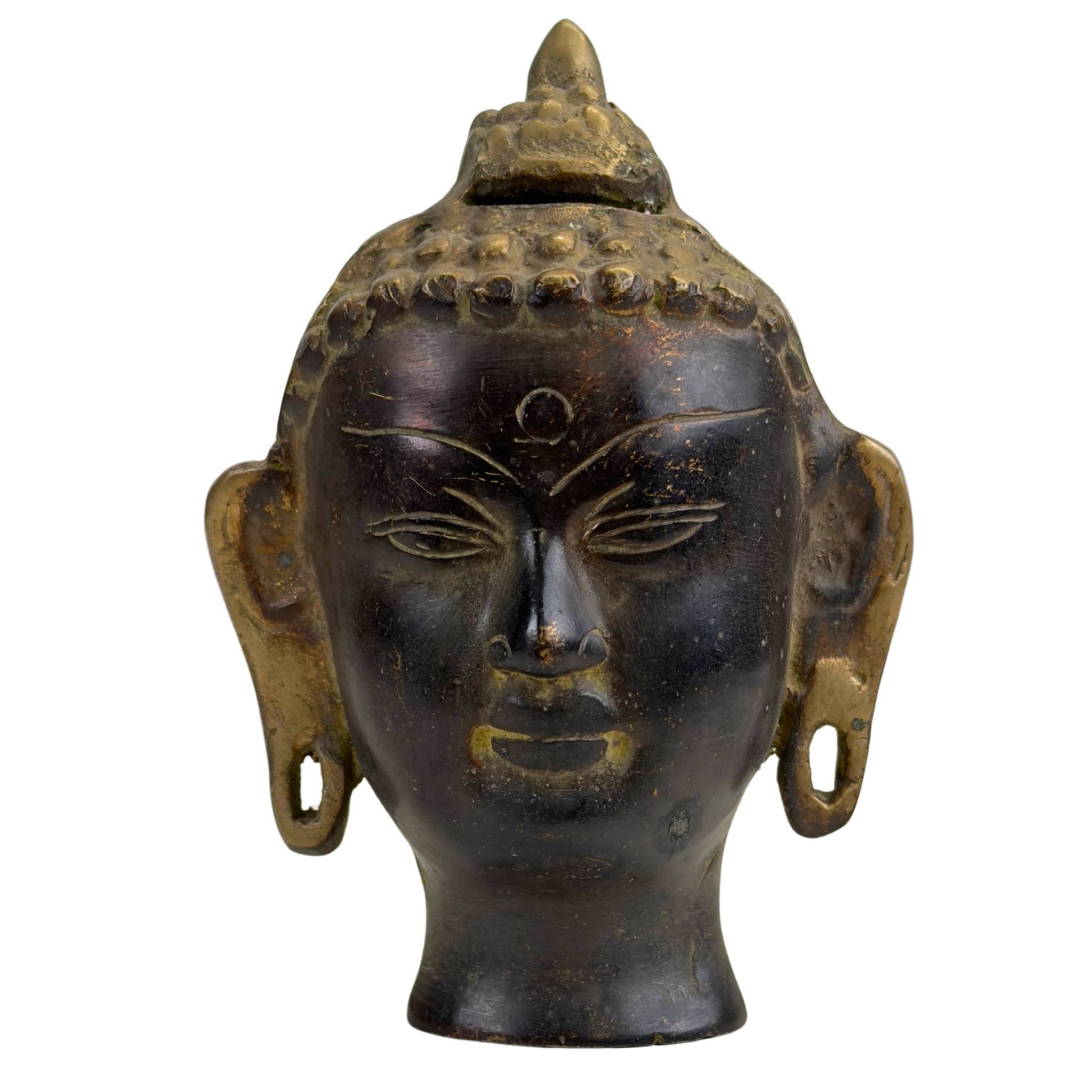 Buddha-Kopf aus Bronze mit hohem Ushnisha und dunkler Patina