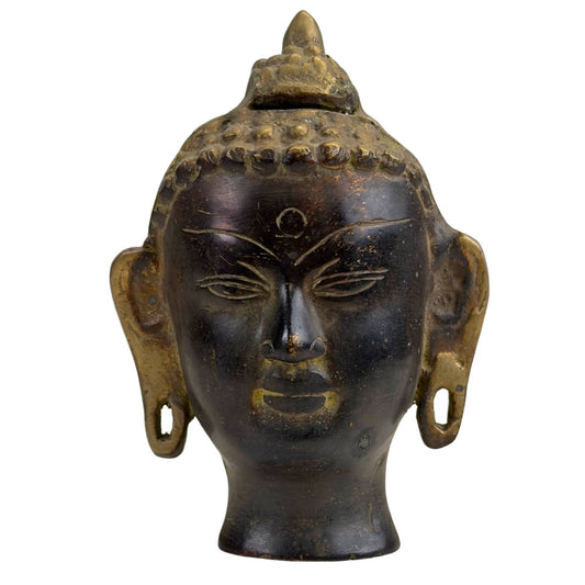 Buddha-Kopf aus Bronze mit hohem Ushnisha und dunkler Patina