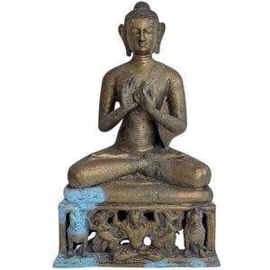 Sitzender Shakyamuni Buddha mit Predigtgeste – Bronzestatue aus einem Tempel