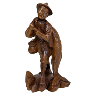 Chinesische hölzerne Glücksstatue „Der Fischer mit dem Karpfen“