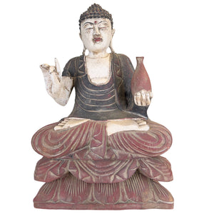 Chinesische Medizinbuddha-Statue auf Lotusthron – Holz – H 43 cm