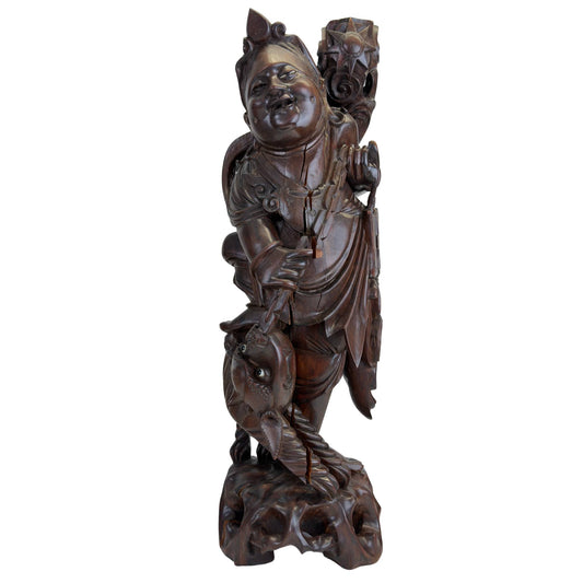 Handgeschnitzte Ebisu-Holzstatue mit Goldbrasse, Symbol des Wohlstands