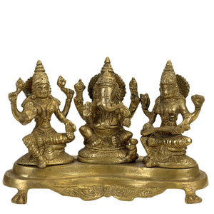 Schwere indische Messing-Altarstatue von Ganesha, Lakshmi und Saraswati – 3 kg (antik)