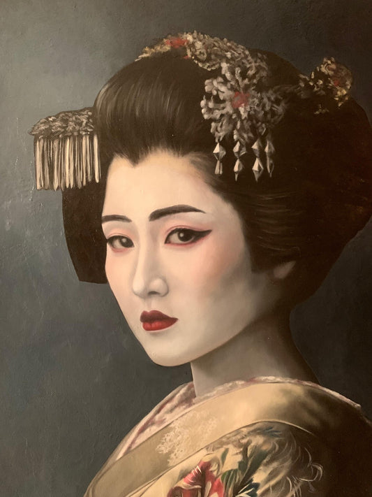 Handgeschilderd Geisha schilderij in olieverf op canvas - Realistisch portret.