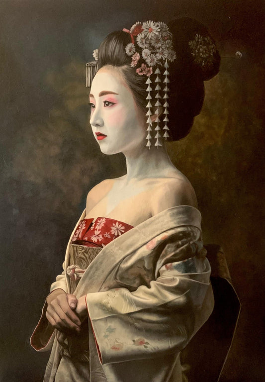 Het Geisha portret opgespannen op een hoogwaardig houten spieraam van 70 bij 50 cm.