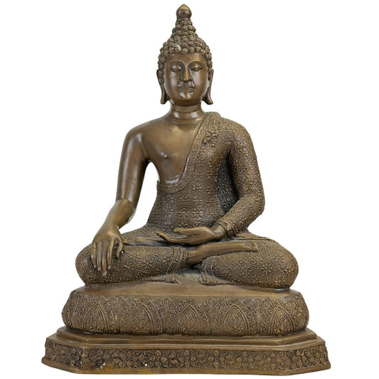 Schwerer thailändischer Buddha aus Bronze im Rattanakosin-Stil mit floralem Gewand
