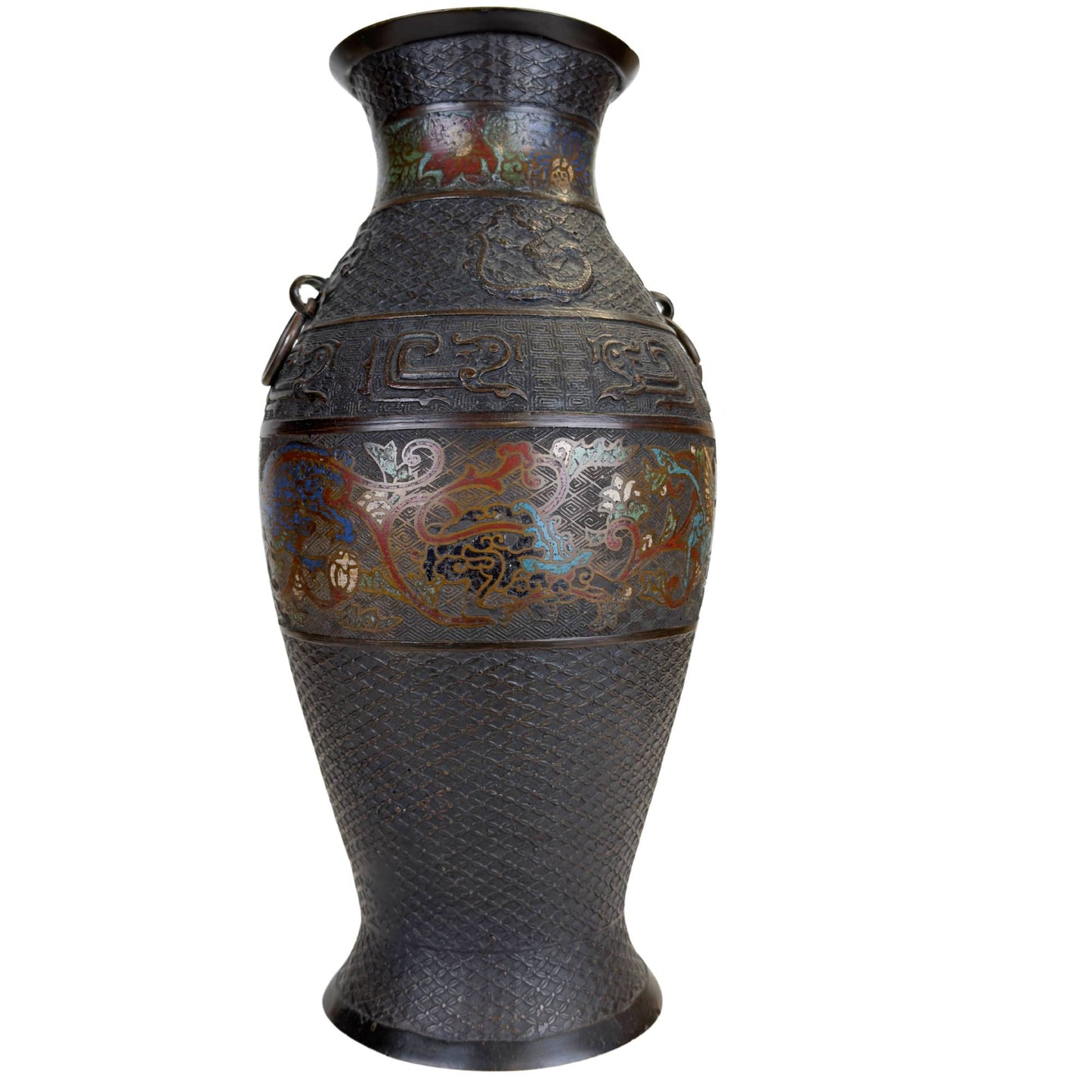 Grote Japanse bronzen vaas met champlevé emaille, donkere patina en decoratieve band met Oost-Aziatische fabeldieren
