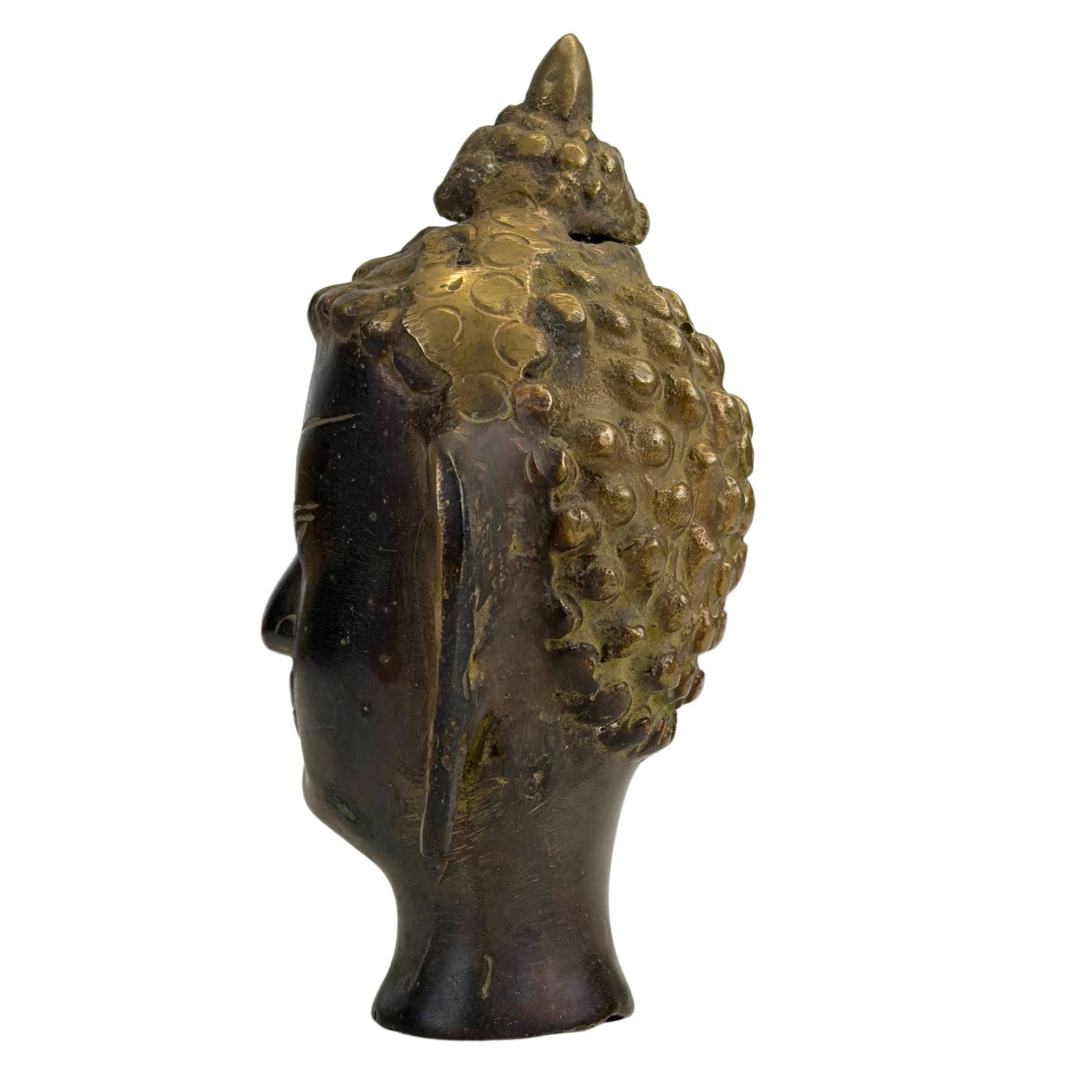 Handgegossener Buddha-Kopf mit warmer, dunkelbrauner Patina