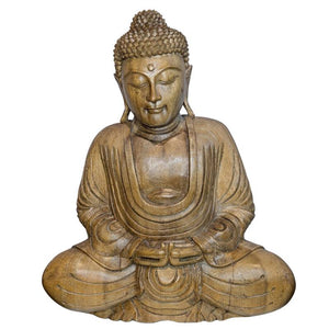 Sitzende, handgeschnitzte Buddha-Statue aus Holz – südostasiatischer Stil, Mitte des 20. Jahrhunderts