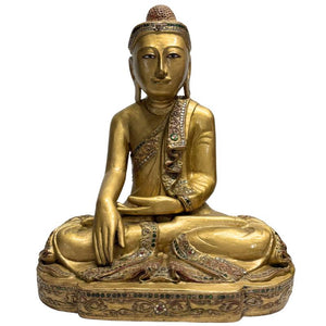 Holz-Buddha mit Vergoldung und Glaseinlagen aus Myanmar mit starkem Gesicht