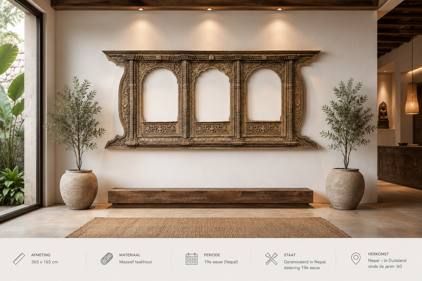 Exklusive Wanddekoration - Große Teakholz-Schnitzerei (365cm) - Zen Hotel Dekoration - Nepal 19. Jahrhundert