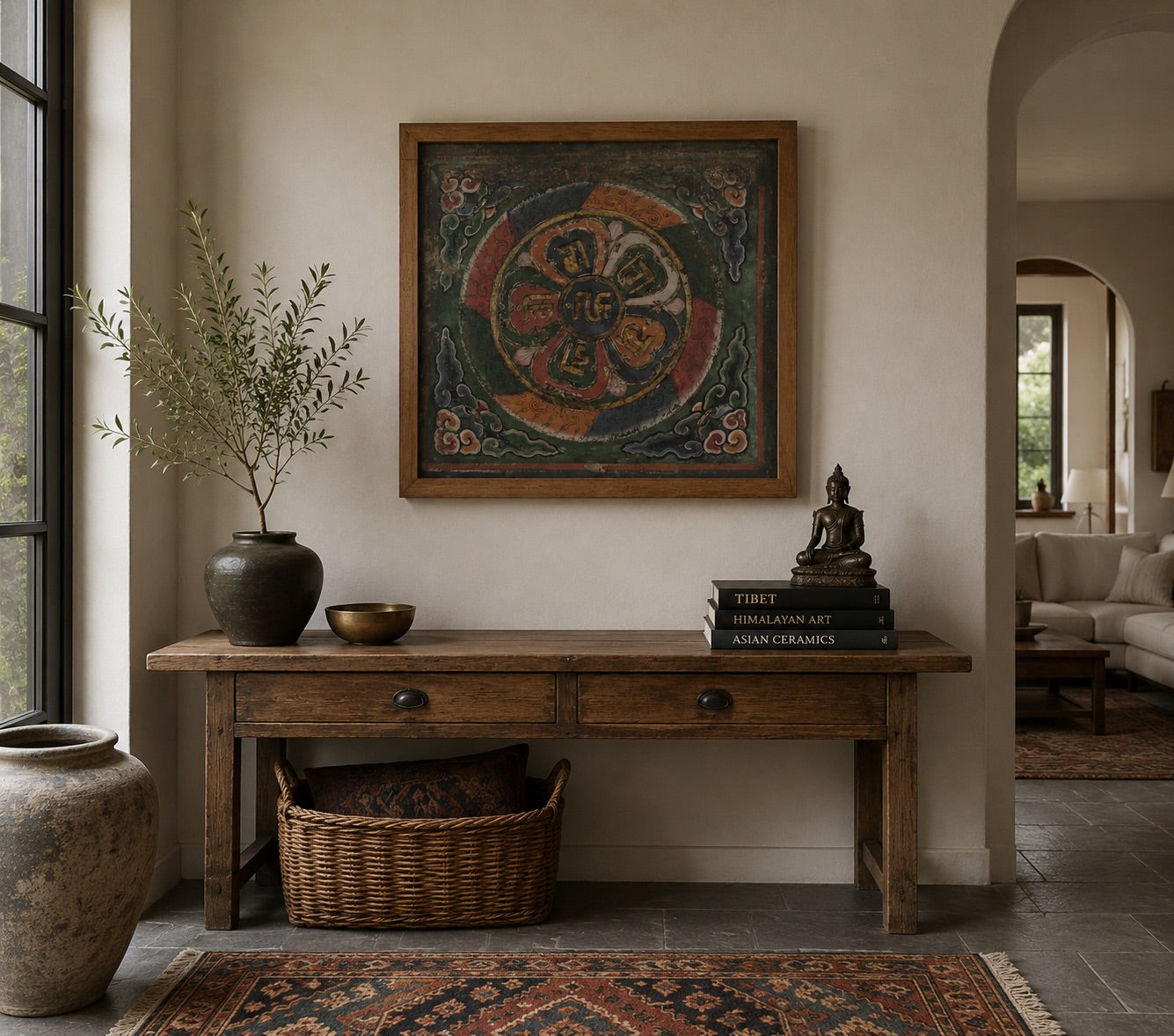 61x65 cm Antikes tibetisches Thangka Mandala | Ranjana Mantra | 9 kg Wandkunst