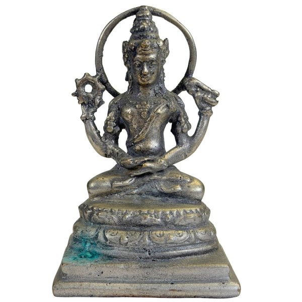 Altjavanische Bronze Vishnu-Statue aus Indonesien – Vierarmige Gottheit mit Chakra und Muschel