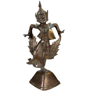 Antike thailändische feuervergoldete Bronze-Kinnara-Statue – 19. Jahrhundert – Intarsienaugen