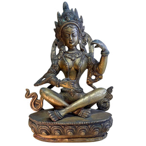 Antike tibetische Saraswati – frühes 20. Jahrhundert (ca. 1920) – massive vergoldete Bronze – 20,7 cm / 1,8 kg