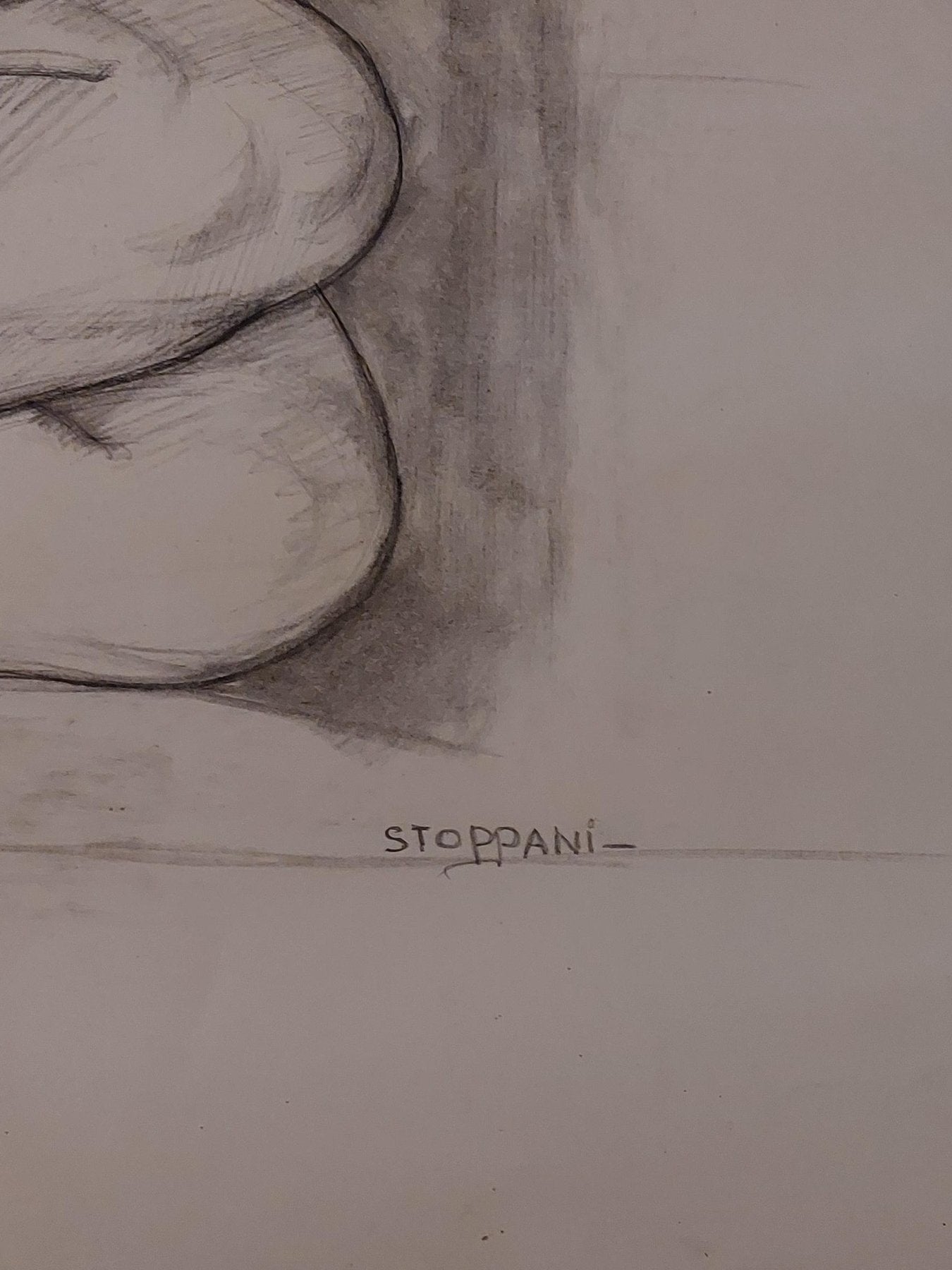 Detail van de handtekening van de kunstenaar Maurice Stoppani op het papier.