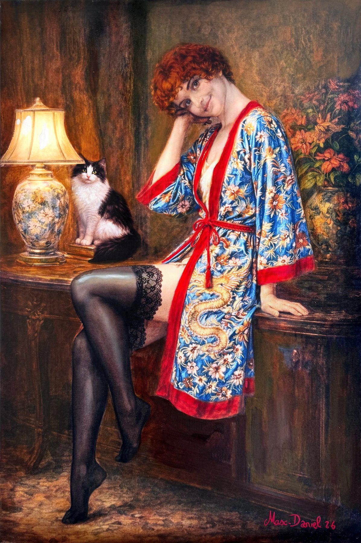 Vooraanzicht van het unieke mixed-media kunstwerk Alcove in Black Stockings door Max-Daniel.