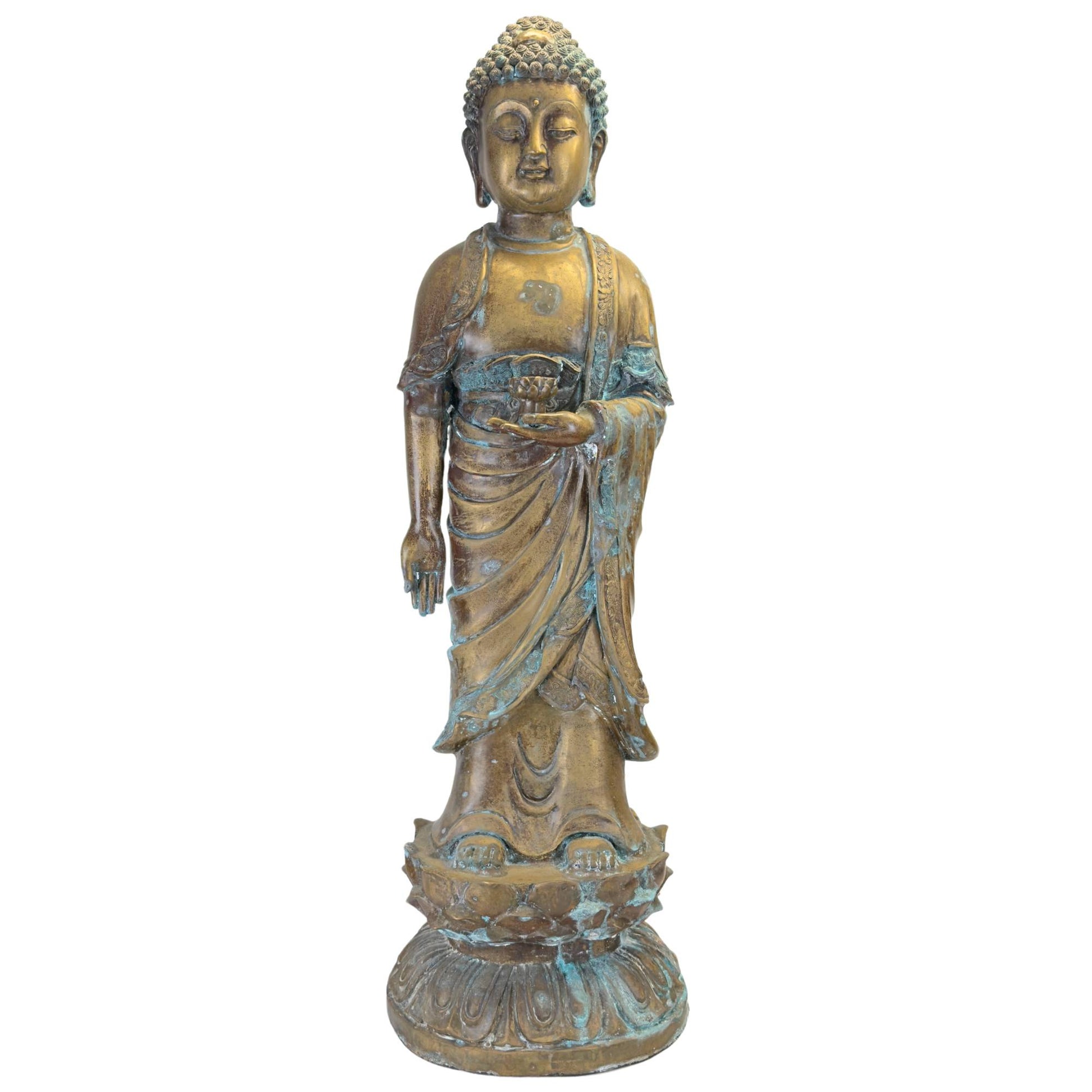 Staande bronzen Medicijnboeddha uit China met natuurlijke patina op lotustroon.