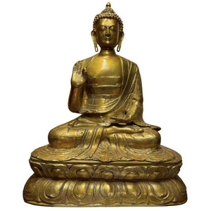 Monumentale vergoldete tibetische Shakyamuni-Buddha-Statue – Mönchsarbeit – Abhaya Mudra mit handgraviertem Kasaya-Gewand