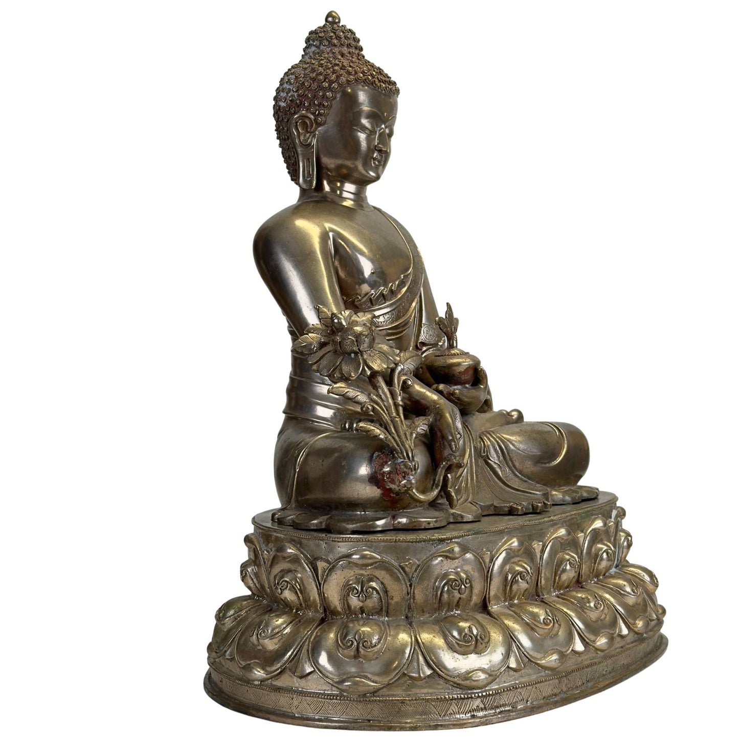 Antiker Newar Bhaisajyaguru Medizinbuddha in Dreiviertelansicht mit monumentalem Doppellotusthron, Heilpflanze und natürlicher Patina.