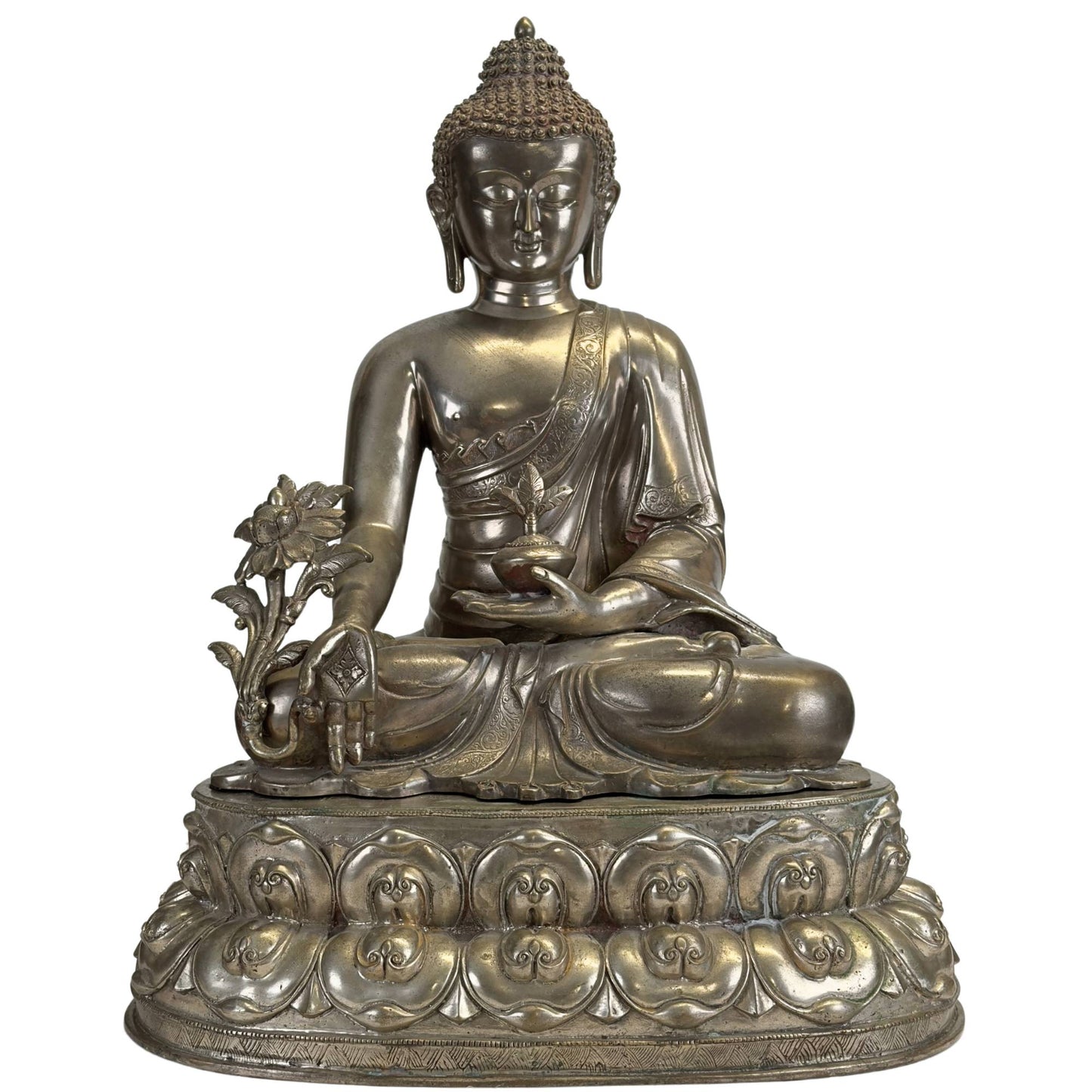 Antiker Newar Bhaisajyaguru Medizinbuddha aus versilberter Bronze auf einem doppelten Lotusthron, Vorderansicht.