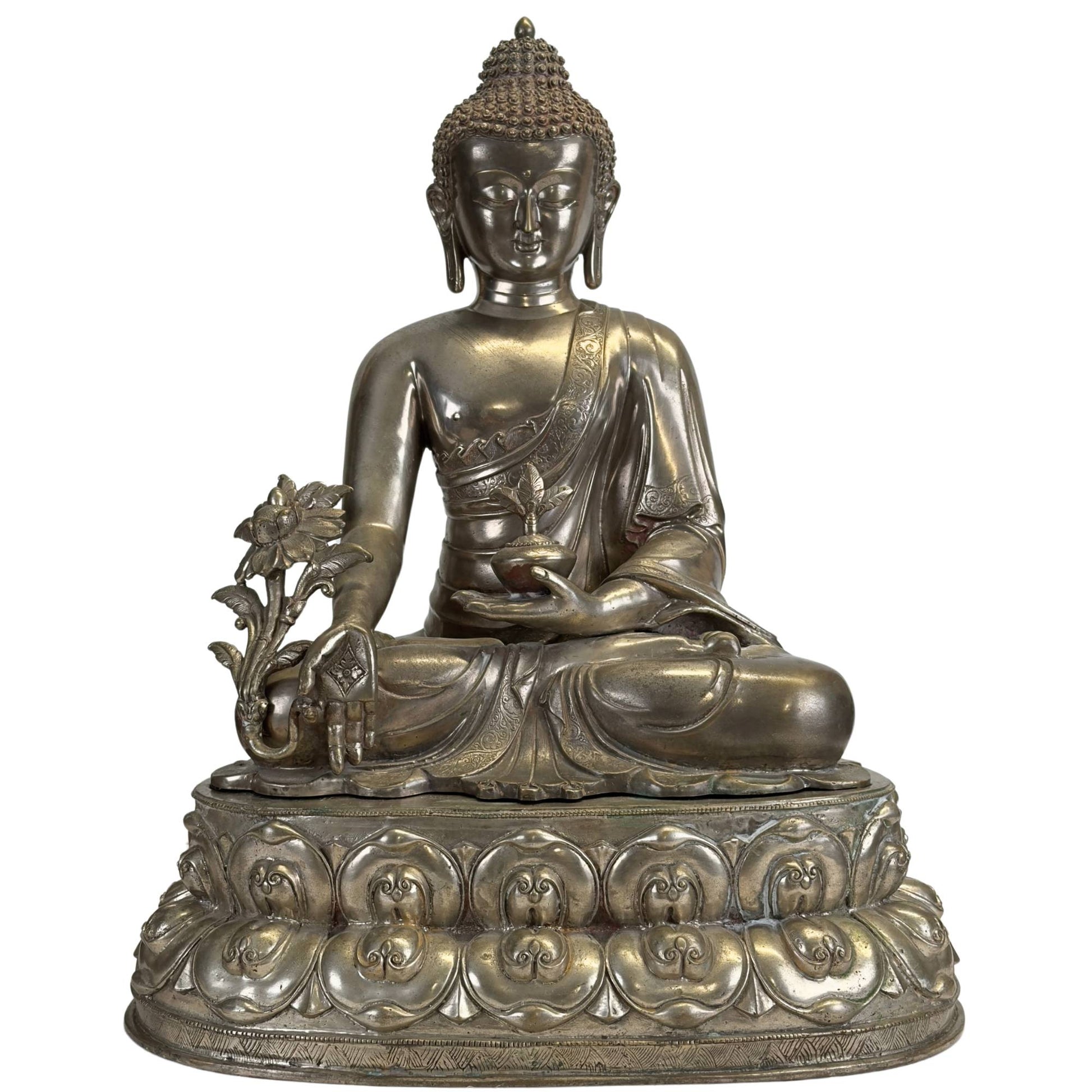 Antiker Newar Bhaisajyaguru Medizinbuddha aus versilberter Bronze auf einem doppelten Lotusthron, Vorderansicht.