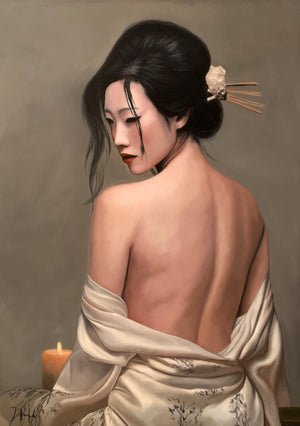 Original Ölgemälde „Geisha de marfil“ – Geisha mit nacktem Rücken