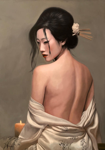 Original Ölgemälde „Geisha de marfil“ – Geisha mit nacktem Rücken