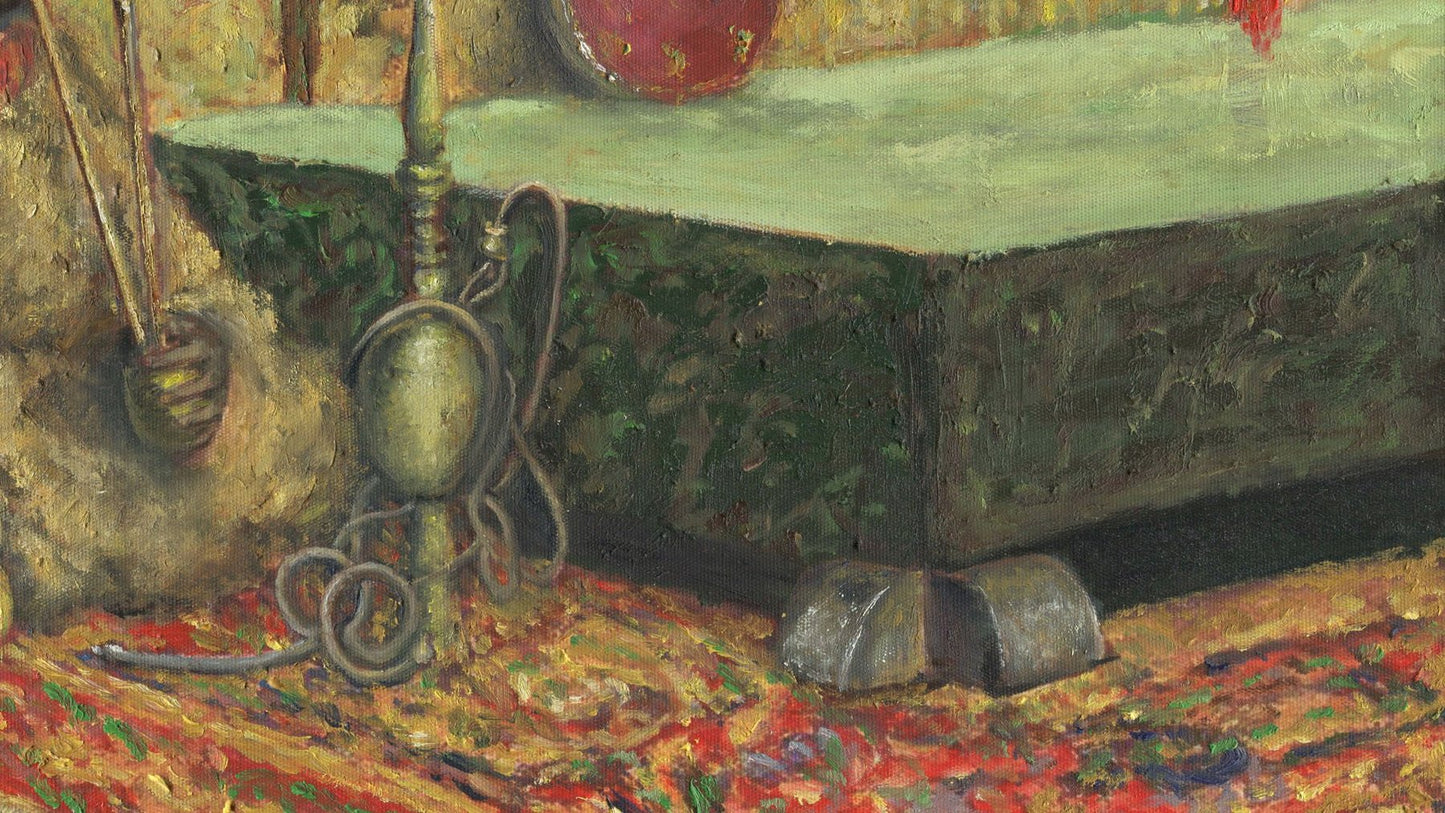 Detail van de vibrante en dik aangezette verftechniek voor de rook van de pijp.