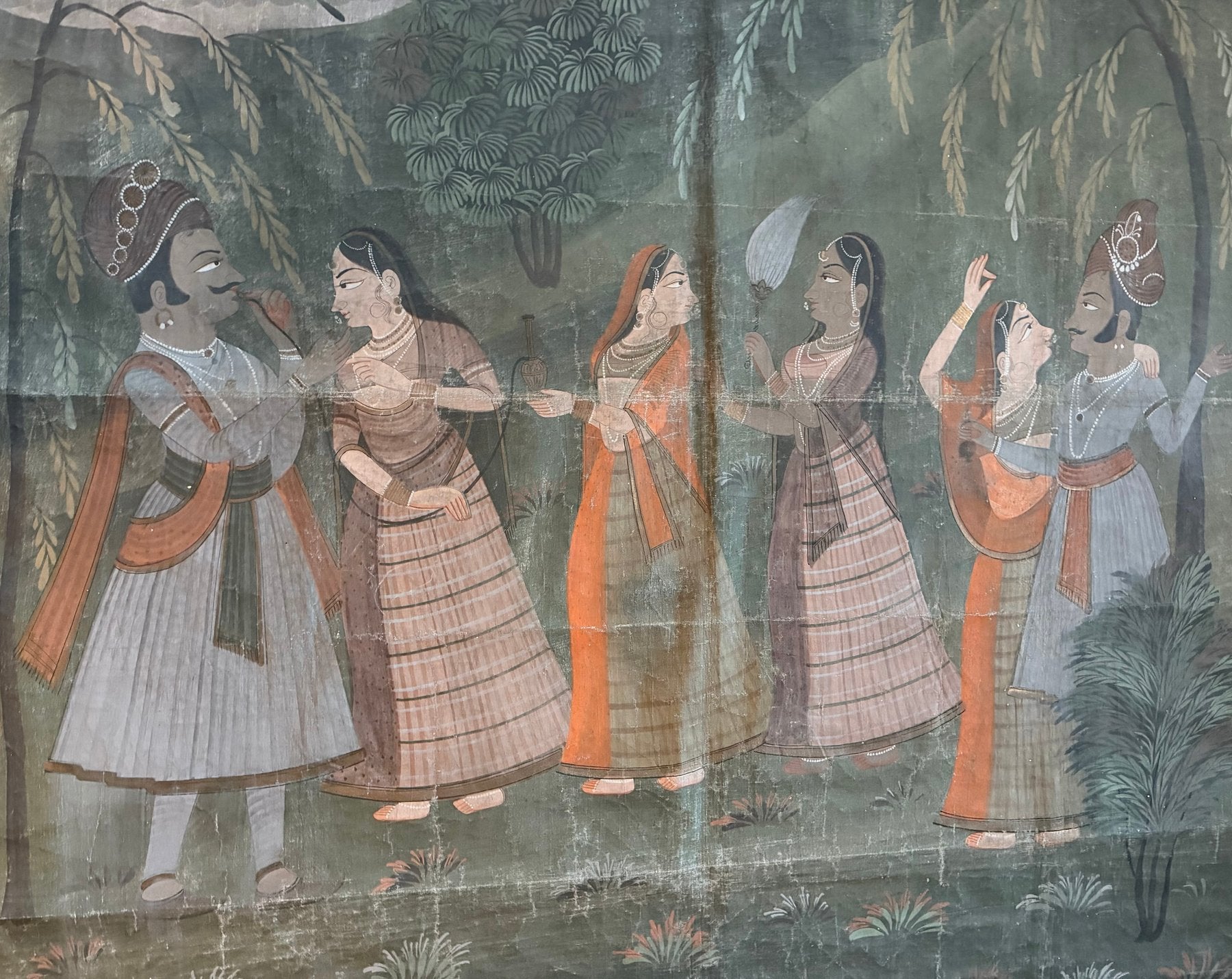 pichwai schilderij krishna met gopis in avondlandschap india