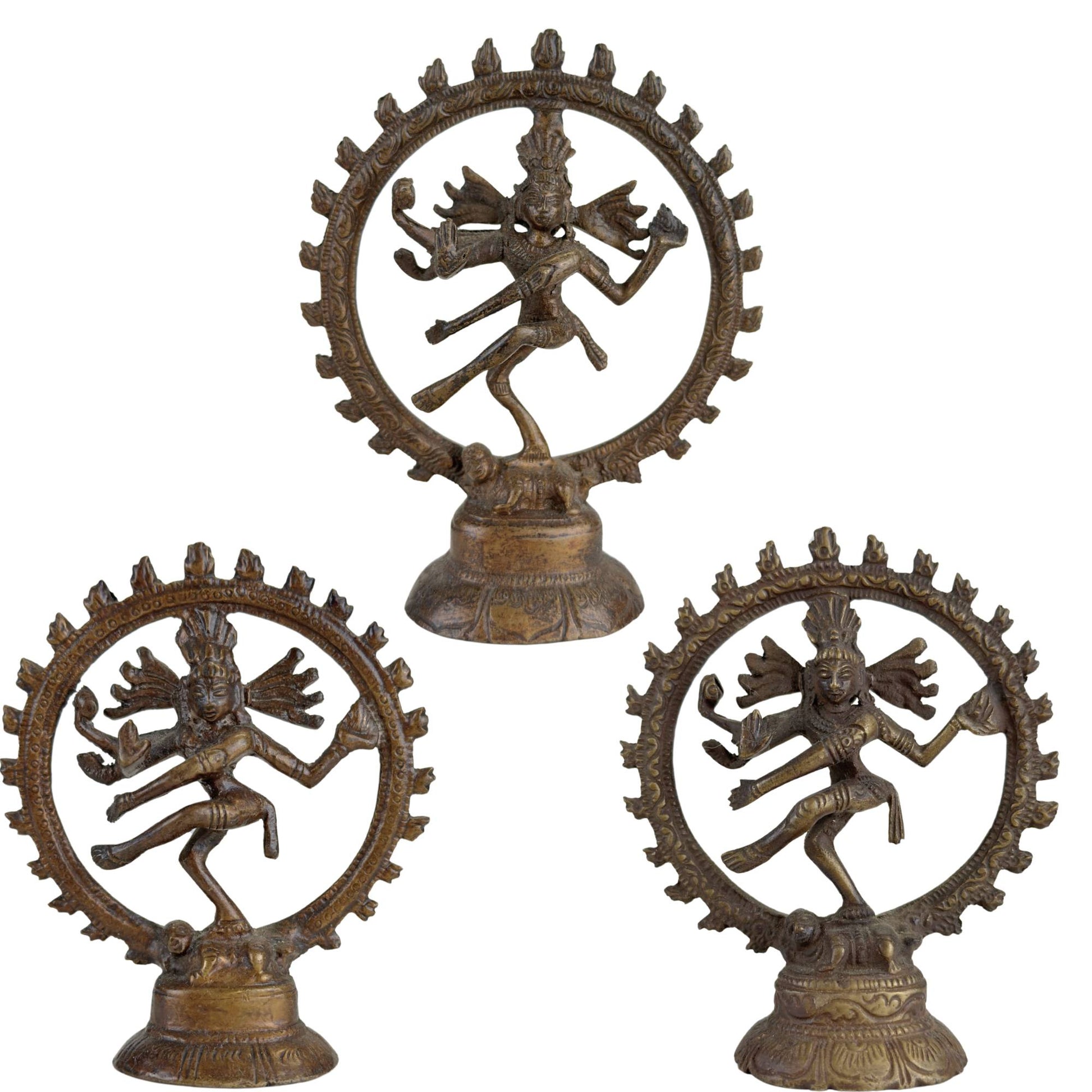 Set van 3 kleine bronzen Shiva Nataraja beelden uit India met kosmische dans en vlammenkrans