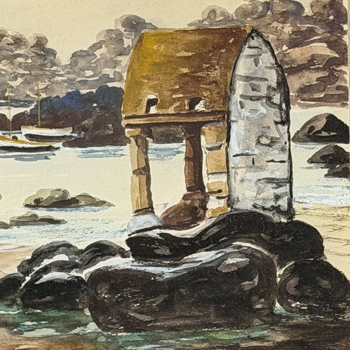Close-up van de originele handtekening van de Franse schilder R. Blossier en de locatieaanduiding Ploumanac'h op het antieke aquarel.