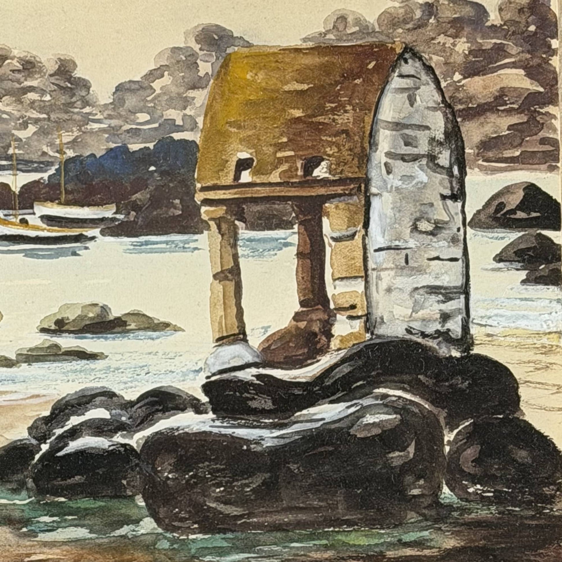 Close-up van de originele handtekening van de Franse schilder R. Blossier en de locatieaanduiding Ploumanac'h op het antieke aquarel.