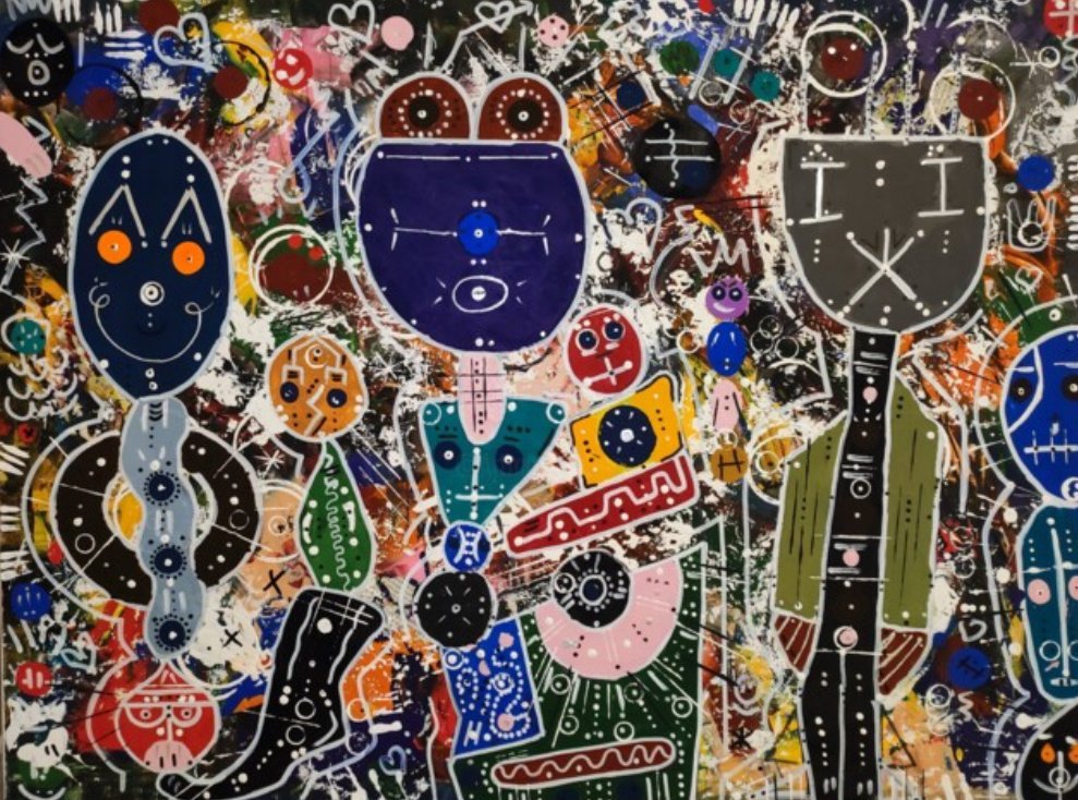 Vooraanzicht van het kleurrijke mixed-media schilderij door Soufiane Chaouaou.