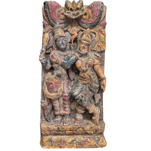 Südindische Wanddekoration Tempelpaneel mit Vishnu und Lakshmi – Geschnitztes Teakholz-Relief mit Originalpolychromie