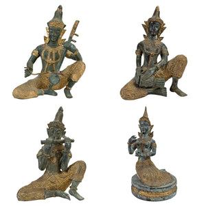 Thailändische bronzene Tempelmusiker und Tänzerin – Set aus 4 Skulpturen – 2,4 kg
