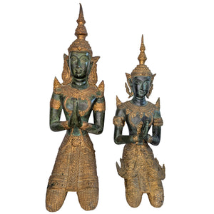 Thailändische Bronze-Tempelwächter-Set – Kniende Thepanom-Statuen mit Vergoldung und Patina