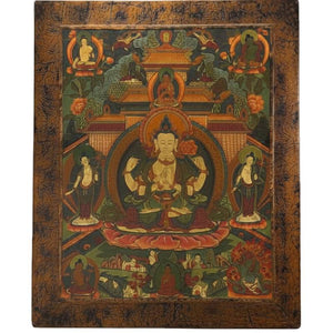 Antike Avalokiteshvara Thangka auf Holztafel – 19. Jahrhundert