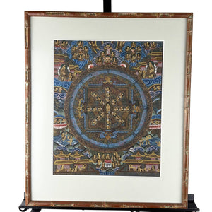 Gerahmtes tibetisches Mandala Thangka Gemälde – Sakrale buddhistische Wandkunst H 48.5 x B 41 cm