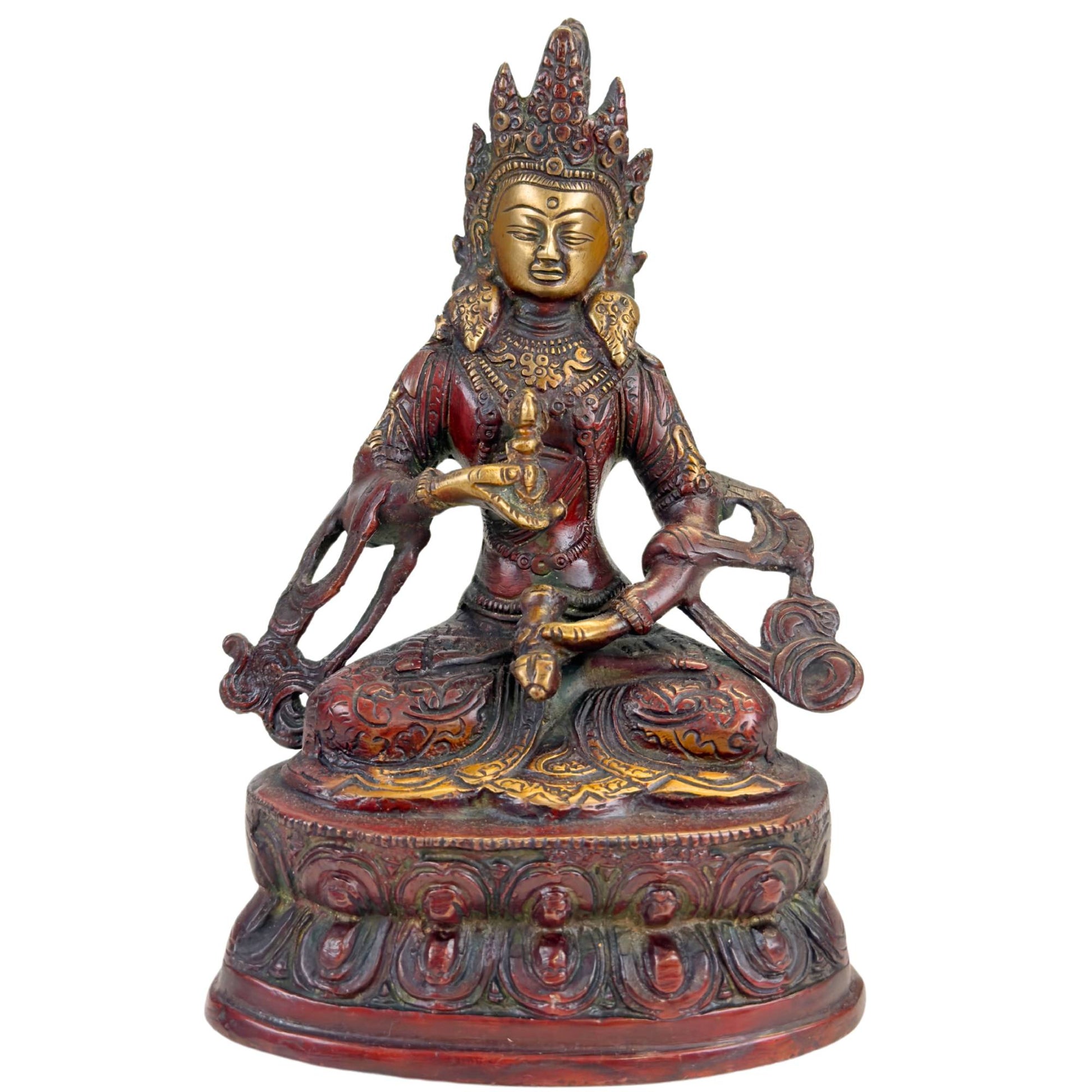 Tibetaans Vajrasattva beeld van brons met roodbruine patina, vergulde accenten en lotusbasis