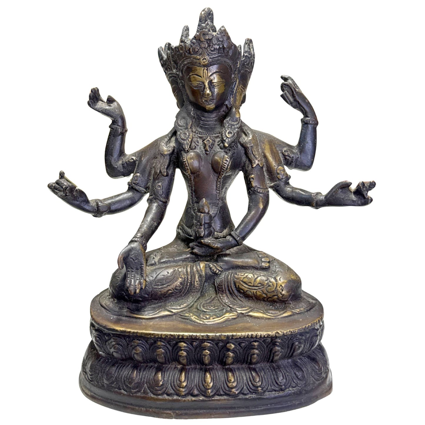 Tibetaanse Ushnishavijaya godin van brons met donkere patina en vergulde details