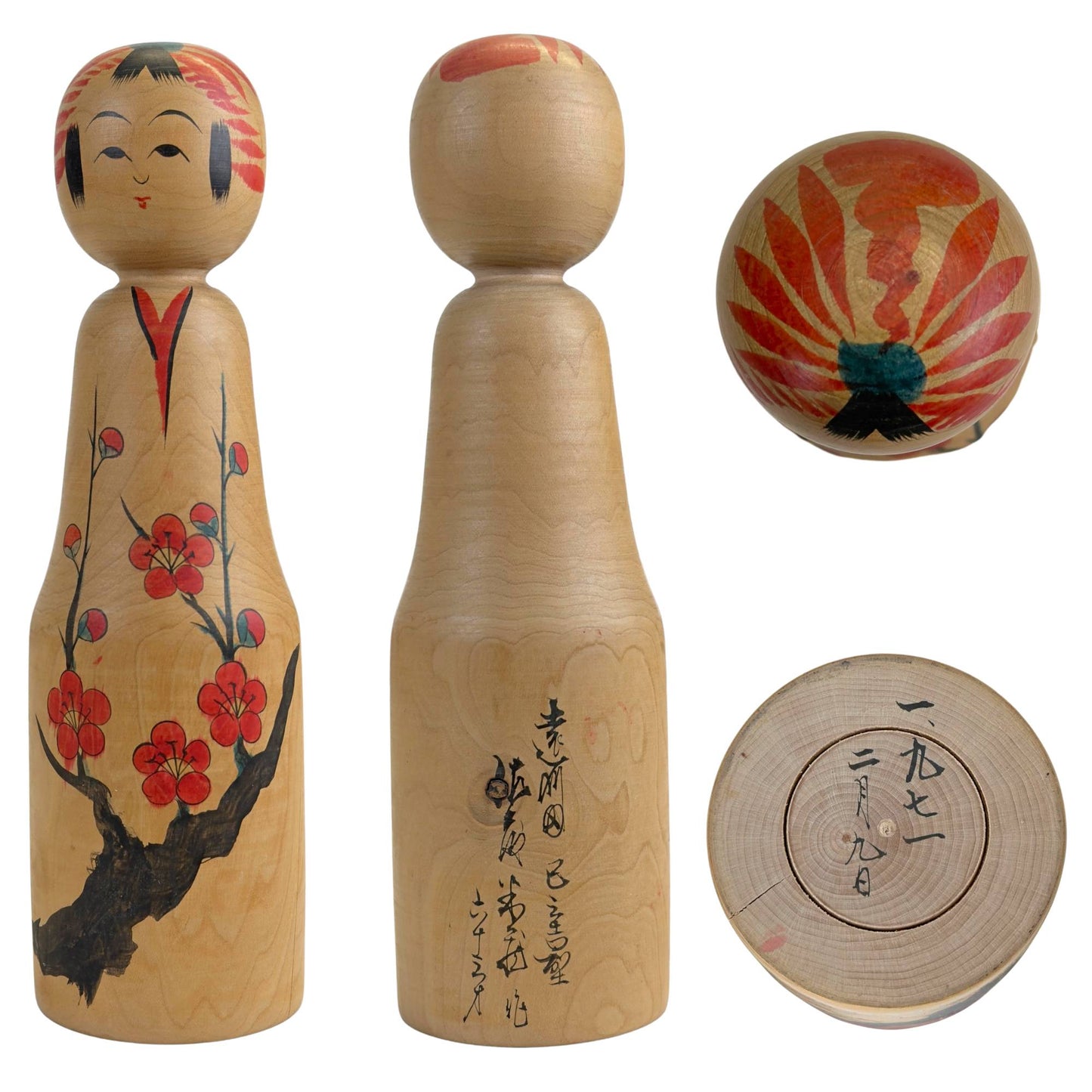 Togatta Kokeshi von Yoshio Ogasawara mit Pflaumenblütenmotiv