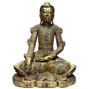 Vergoldete Mandalay Buddha-Statue aus Myanmar – Bhumisparsha Mudra – Symbol für Erdung und Erleuchtung