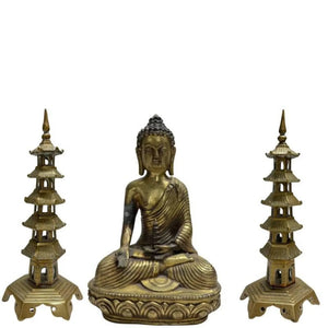 Chinesisches Bronze-Altarensemble mit Medizinbuddha und Zwillingspagodentürmen - 3-teilig