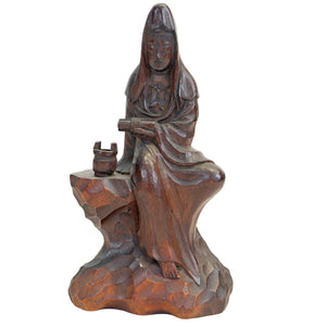 Vintage handgeschnitzte japanische Kannon (Guanyin) – monolithisches Hinoki-Holz im Enku-Stil (14,2 cm)